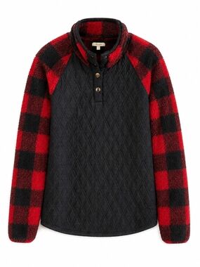 Maurices Black Quilted Pullover with Red & Black Buffalo Plaid Sleeves